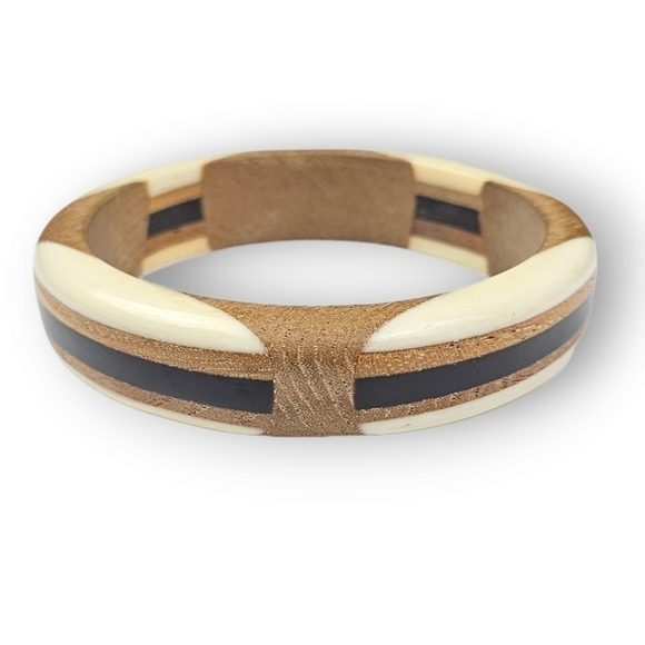 VINTAGE Mod Bangle Bracelet Colorblock Bovine Bone Horn Wood Geometric ~8.25" - Picture 2 of 10